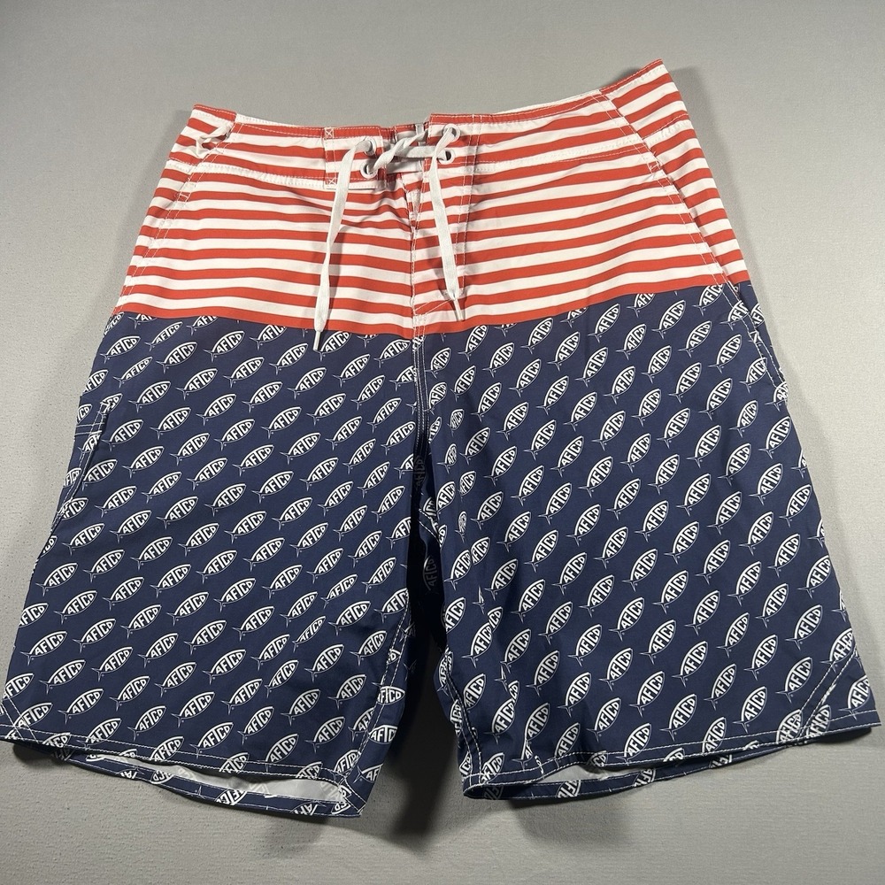 Mens AFTCO Board Shorts 4th July USA Flag Red White Blue Swim Trunks 30 Summer